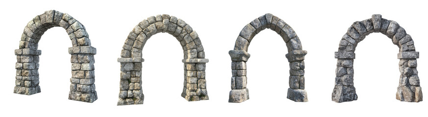 A 3D render showcases four variations of a stone archway, each showing different degrees of wear and damage.