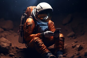 Astronaut in Orange Suit Using Smartphone on Martian Landscape