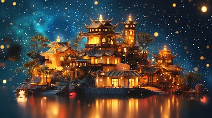 Obraz premium A fairytale castle resting on a tranquil island under radiant auroras and shimmering stars