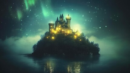 A glowing castle surrounded by northern lights and stars on a lonely island in the night sky
