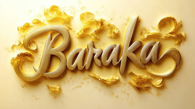 Golden "Baraka" lettering, gold swirls, beige background.