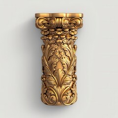 A shiny golden pillar with intricate carvings and a regal design, displayed against a neutral backdrop. High Quality
