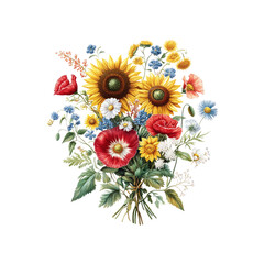 Naklejka premium Vibrant Summer Wildflower Bouquet - Sunflowers, Poppies, and Daisies