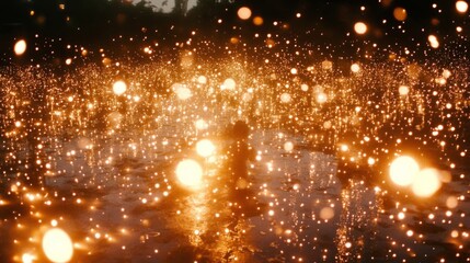 Obraz premium Golden Lights Reflecting on Water at Night