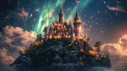 Fototapeta premium A magical castle on an island encircled by shimmering auroras and a star-filled vivid night sky
