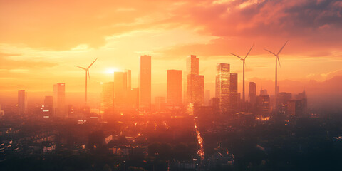 Fototapeta premium Sunset Cityscape with Wind Turbines: A vibrant sunset casts a warm, orange glow over a modern cityscape, with wind turbines silhouetted against the fiery sky.