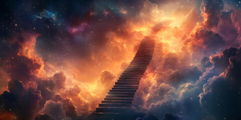 Stairway to Heaven: A surreal and awe-inspiring digital art piece depicting a grand staircase ascending into a breathtaking nebula, symbolizing ambition, aspirations, and the pursuit of dreams.
