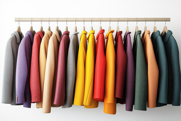 Colorful jackets on wooden hangers in vibrant array.
