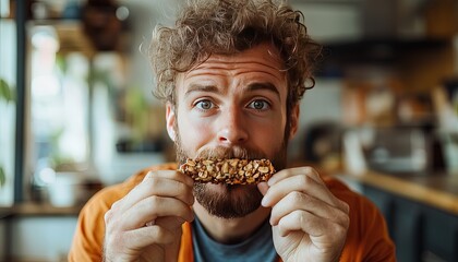 Man eating granola bar kitchen healthy snack