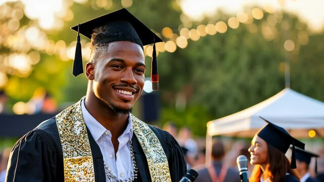 Graduation Day Joy: A  smiling young graduate in cap and gown, radiates pride and accomplishment on his graduation day, with a bright future ahead. The golden tassel symbolizes achievement.