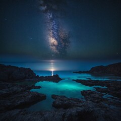 Naklejka premium A siren's sapphire lagoon under the starlit sky.Coastal Atmospheres