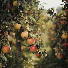 Ripe red apples hanging on tree branches in orchard.