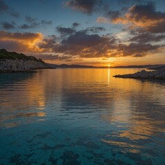 Golden sunset hues reflected in sapphire waters near a quiet bay.