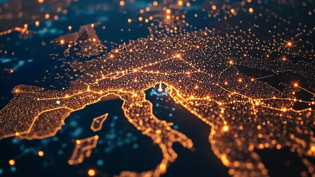 Orange lines are connecting european cities on planet earth at night, creating a futuristic network video 4k