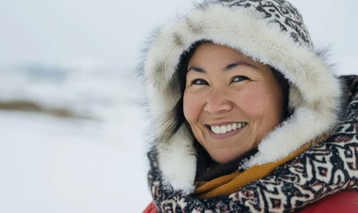 Portrait of Inuit Woman in Winter Wear With Orange Scarf and Fur-Lined Sun Ruff Clothing, Snowy Background, 30-Year-Old Inuit, Cultural and Winter Lifestyle, Generative AI
