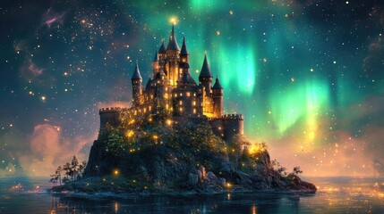 Fototapeta premium Dreamlike castle perched on an island, vibrant auroras and stars illuminating the night