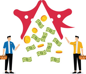 Conversation about money, investment advice and exchange, two businessmen standing next to an open speech bubble discussing about money