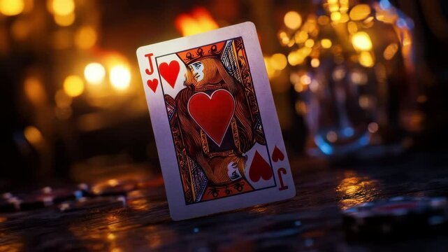 Jack of Hearts Card Illuminated by Warm Light in a Cozy Setting With Scattered Poker Chips. Generative AI