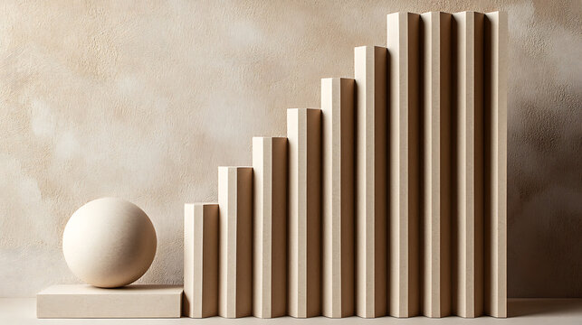 Minimal geometric white sphere balance with ascending wooden blocks showing progress concept