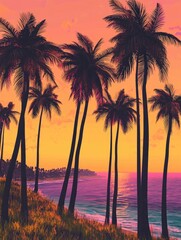 Obraz premium Silhouetted Palm Trees Frame Vibrant Sunset Ocean View