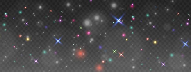 Christmas dust glowing bokeh confetti light and glitter texture overlay for your design. Festive sparkling gold dust png. Holiday powder dust for cards, invitations, banners.	