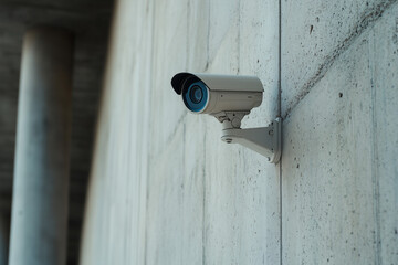 Security Camera on Concrete Wall: A single security camera, its lens reflecting a glimpse of the world around it, mounted on a concrete wall.