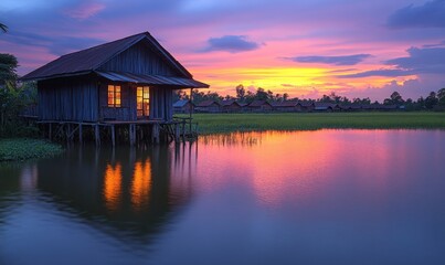 Fototapeta premium Sunset over water, illuminated houses.