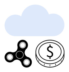 Blue cloud above fidget spinner and coin with dollar sign Ideal for tech innovation, recreation tools, finance, cloud storage, digital economy, business, abstract line flat metaphor