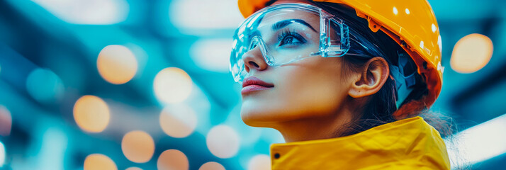 A woman in a yellow jacket and safety helmet looks upward, bokeh lights in the background
