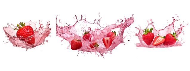 A set of fresh strawberries splashing into vibrant pink water, isolated on a transparent background. Ideal for food and beverage designs, as well as fruit-themed marketing.