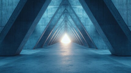 Concrete tunnel with triangular beams leading to a bright light at the end of the passage
