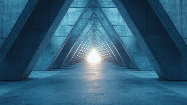 Fototapeta Concrete tunnel with triangular beams leading to a bright light at the end of the passage