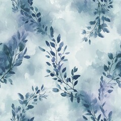 Watercolor blue leaves pattern, nature background, textile design