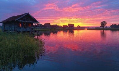 Fototapeta premium Waterfront houses reflect vibrant sunset hues.
