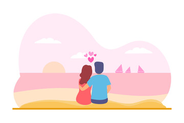 couple sitting on the beach at sunset, looking at sailboats on the horizon. Design for Valentine's day festival on pink background. Vector illustration.