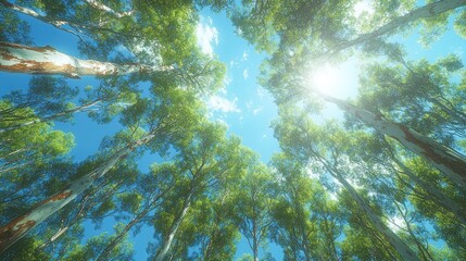 Obraz premium Serene Forest Canopy Bathed in Sunlight A Peaceful Upward View of Lush Green Trees and Bright Blue Sky