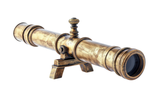 A vintage brass telescope rests on a wooden table, inviting stargazers and explorers to discover distant worlds and hidden vistas isolated on transparent background