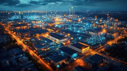 Fototapeta premium A vibrant night view of an industrial area showcasing illuminated factories and structures against a twilight sky.