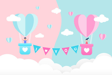 Couple in heart-shaped hot air balloons, connected by ‘I LOVE YOU’ bunting, floating in pastel skies. Perfect for Valentine’s Day, weddings, or love-themed designs.