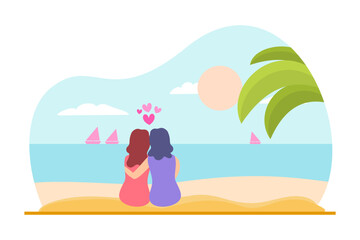 A lesbian couple sits on a beach, embracing with pink hearts above. This vector illustration is for romantic promotions, like Valentine’s Day, highlighting LGBTQ themes.