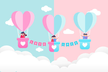 Couples in heart-shaped hot air balloons, adorned with ‘LOVE’ banners, perfect for Valentine’s Day, wedding themes, romantic cards, decorations and highlighting LGBTQ themes.