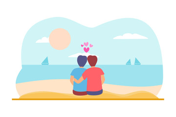 A gay male couple sits on a beach, gazing at the sea with sailboats and a sunset, symbolizing love. Designed for romantic content, like Valentine’s Day. LGBTQ vector illustration.
