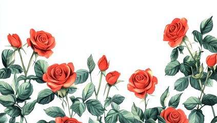 Red roses floral border, white background, botanical illustration, design element