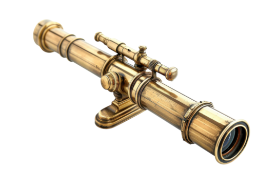 An ornate brass telescope rests elegantly on a white surface, evoking a sense of adventure and exploration in vintage style isolated on transparent background