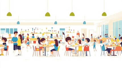 Fototapeta premium Vibrant Cafeteria Scene with Diverse Groups Enjoying Their Meals