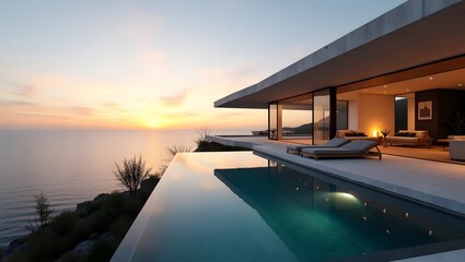 Fototapeta premium A modern home with a pool overlooks the sunset over the ocean.