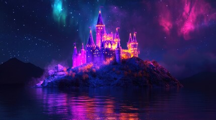 Fototapeta premium Fantasy castle glowing with magic, set on an island under vibrant auroras and a night full of stars
