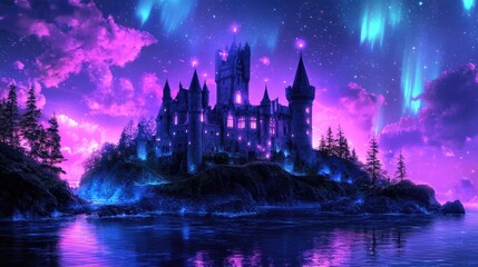 Fototapeta premium Fantasy castle glowing with magic, set on an island under vibrant auroras and a night full of stars