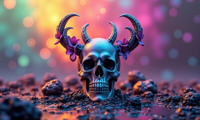 Metallic Skull with Antlers and Flowers in Soil