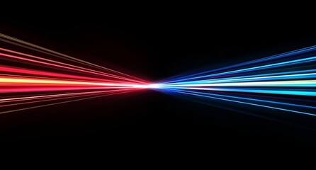 Dynamic light beams converging: red and blue streaks on black background